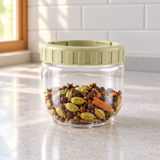 T&CO clear glass kitchen storage jar filled with whole spices featuring an olive green ribbed twist-on lid 9cm x 9cm