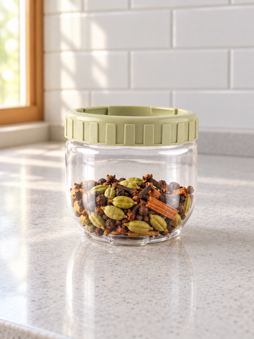 T&CO clear glass kitchen storage jar filled with whole spices featuring an olive green ribbed twist-on lid 9cm x 9cm
