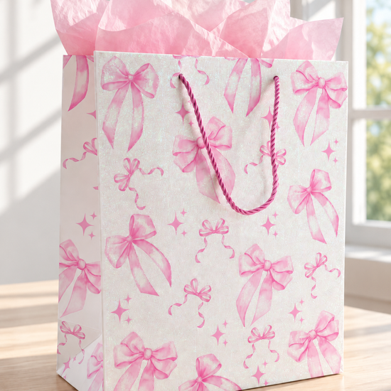 Medium iridescent glitter white gift bag featuring scattered pink watercolor ribbon bows, pink rope handles, and pink tissue paper