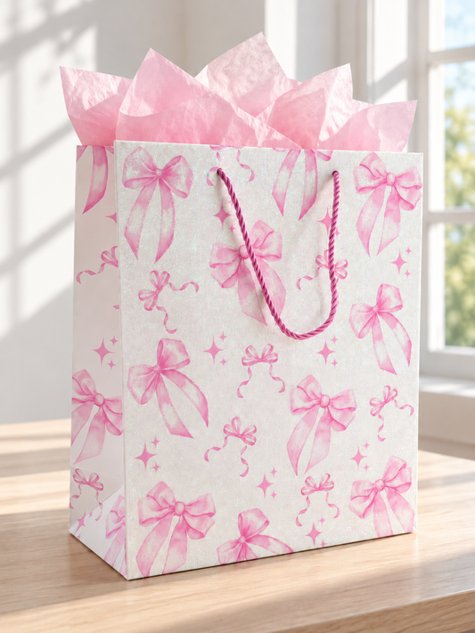 Medium iridescent glitter white gift bag featuring scattered pink watercolor ribbon bows, pink rope handles, and pink tissue paper