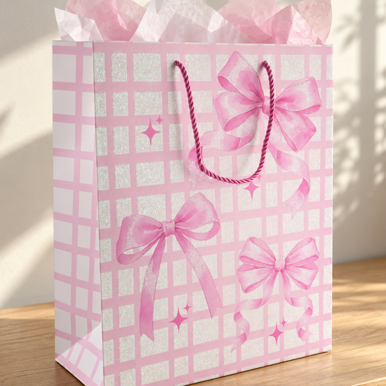 Thilakma medium pink check gift bag with glitter bow design and cord handles