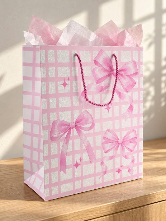 Thilakma medium pink check gift bag with glitter bow design and cord handles