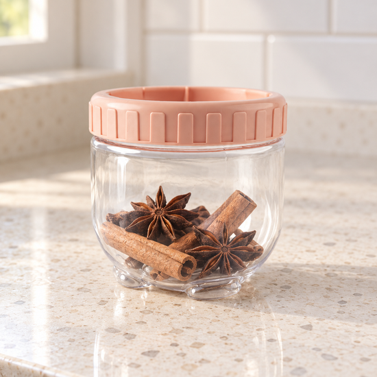 T & CO clear glass food storage twist jar with peach airtight lid (9 x 9 cm)