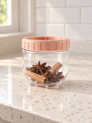 T & CO clear glass food storage twist jar with peach airtight lid (9 x 9 cm)