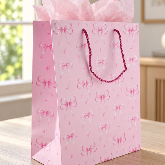 Thilakma medium gift bag featuring repeated rows of pink bows and stars