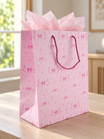 Thilakma medium gift bag featuring repeated rows of pink bows and stars