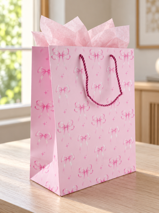 Thilakma medium gift bag featuring repeated rows of pink bows and stars