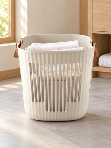 T & CO beige fluted laundry basket with brown faux leather handles (38 x 38 x 39 cm)