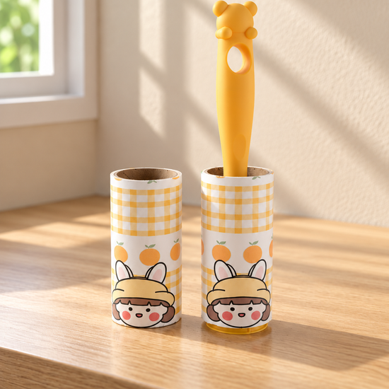 T & CO yellow sticky lint roller with bear ear handle and gingham cover (21 cm)