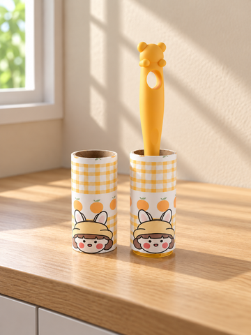 T & CO yellow sticky lint roller with bear ear handle and gingham cover (21 cm)