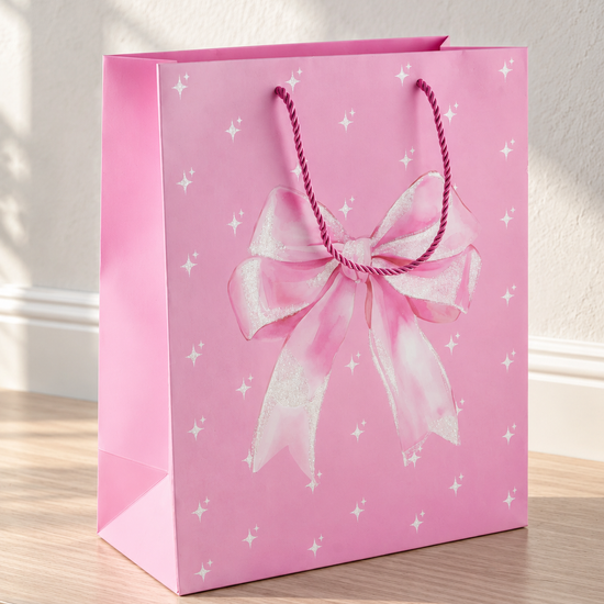Thilakma medium soft pink gift bag with large glitter ribbon bow and rope handles