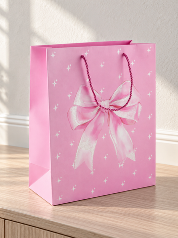 Thilakma medium soft pink gift bag with large glitter ribbon bow and rope handles