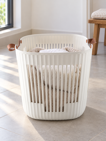 T & CO cream fluted laundry basket with brown faux leather handles (38 x 38 x 39 cm)