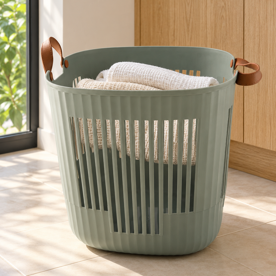 T & CO sage grey-green fluted laundry basket with brown faux leather handles (38 x 38 x 39 cm)