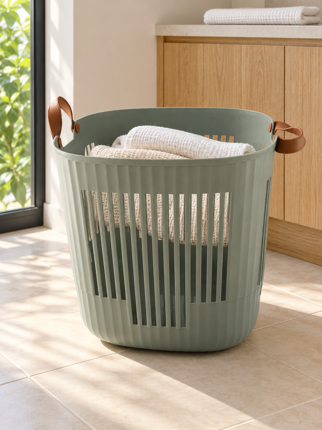 T & CO sage grey-green fluted laundry basket with brown faux leather handles (38 x 38 x 39 cm)