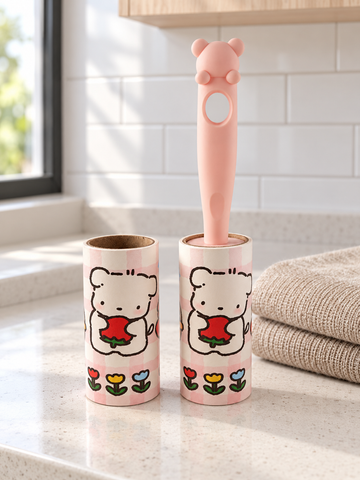 T & CO pink sticky lint roller with bear ear handle and strawberry bear cover (21 cm)