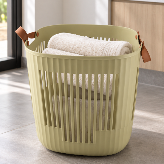 T & CO olive green fluted laundry basket with brown faux leather handles (38 x 38 x 39 cm)