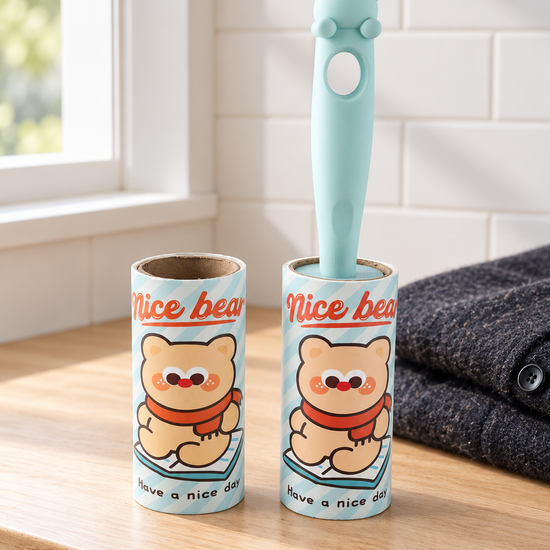 T & CO sky blue sticky lint roller with bear ear handle and nice bear cover (21 cm)