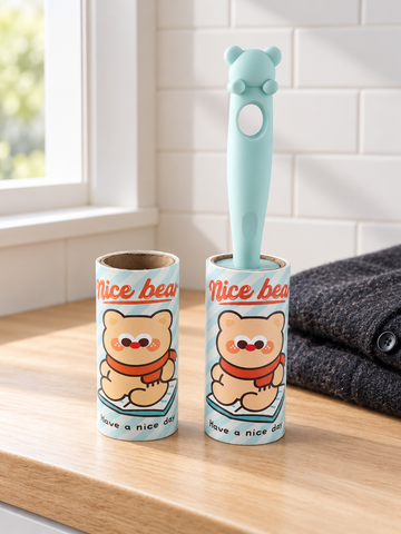 T & CO sky blue sticky lint roller with bear ear handle and nice bear cover (21 cm)