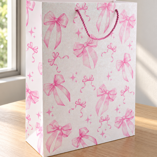 Thilakma large gift bag featuring scattered pink watercolor bows with magenta rope handles