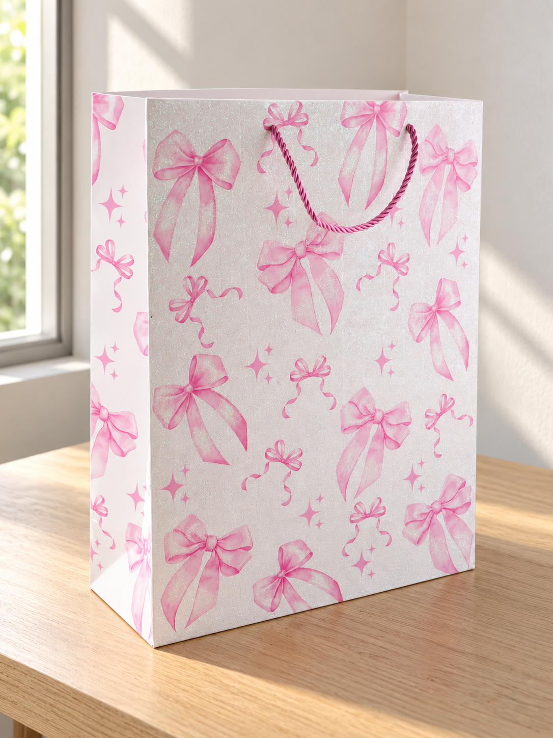Thilakma large gift bag featuring scattered pink watercolor bows with magenta rope handles