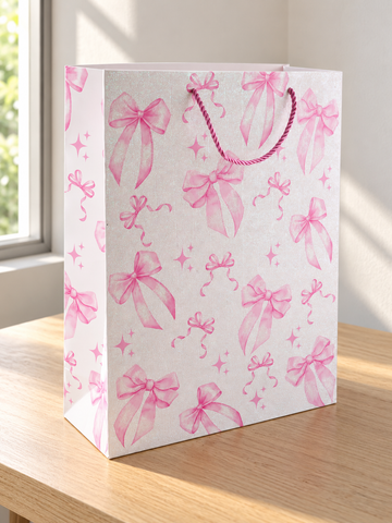 Thilakma large gift bag featuring scattered pink watercolor bows with magenta rope handles