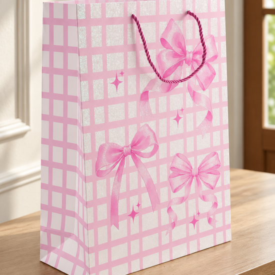 Thilakma large pink check gift bag with glitter bows and magenta cord handles