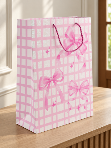 Thilakma large pink check gift bag with glitter bows and magenta cord handles