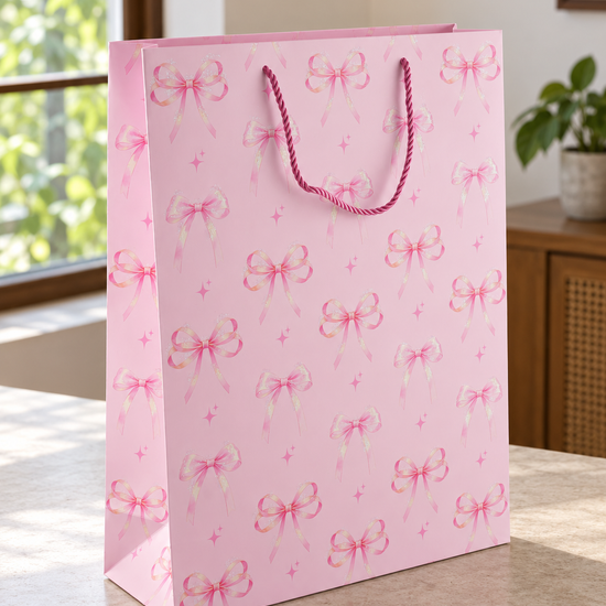 Thilakma large gift bag with repeated rows of pink bows and magenta cord handles
