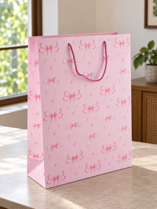 Thilakma large gift bag with repeated rows of pink bows and magenta cord handles