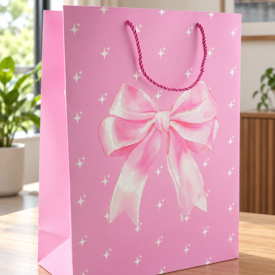 Thilakma large pink gift bag with prominent centerpiece glitter ribbon bow and rope handles