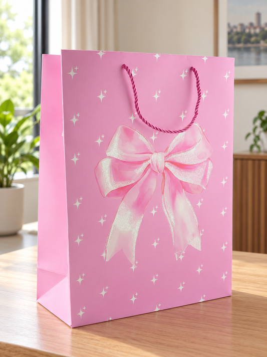 Thilakma large pink gift bag with prominent centerpiece glitter ribbon bow and rope handles