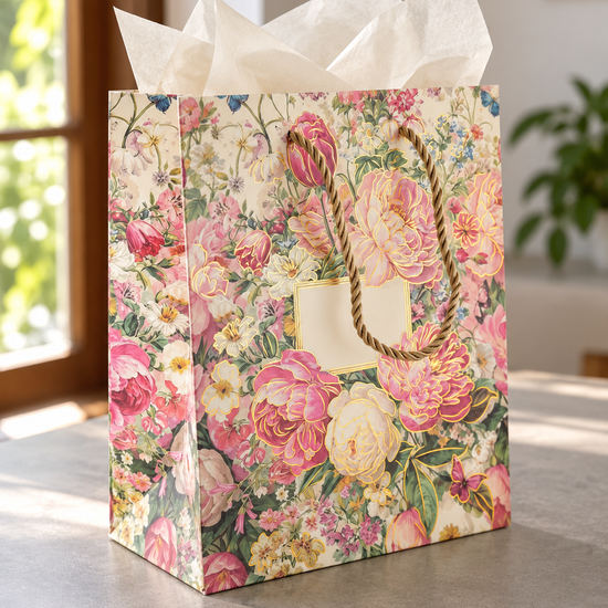 Thilakma small vintage peony bloom botanical gift bag with gold cord handles and gold foil detailing