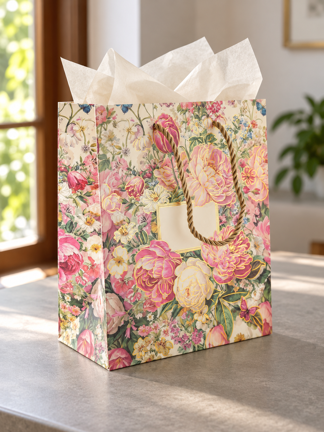 Thilakma small vintage peony bloom botanical gift bag with gold cord handles and gold foil detailing