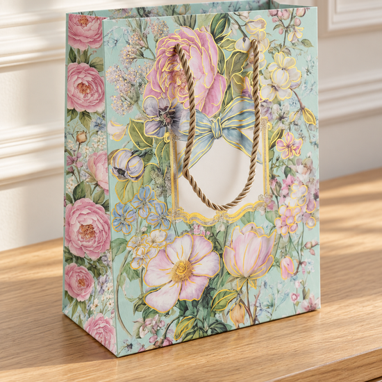 Thilakma small mint green floral bouquet gift bag with gold rope handles and foil accent frame
