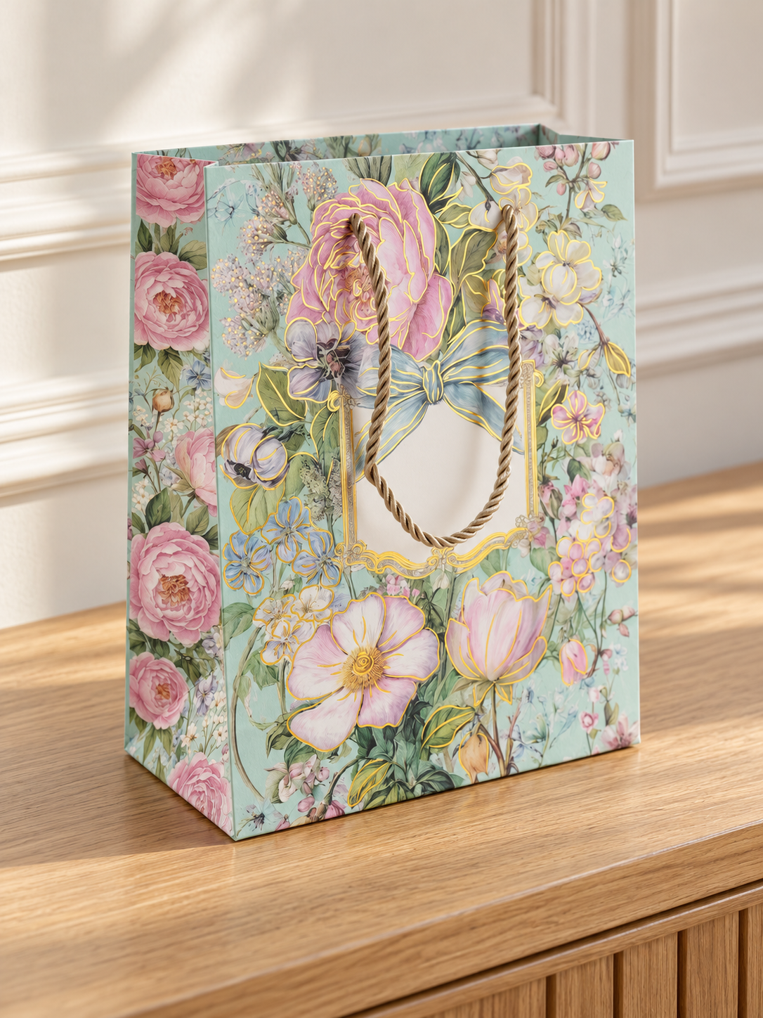 Thilakma small mint green floral bouquet gift bag with gold rope handles and foil accent frame
