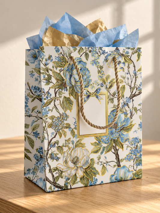 Thilakma small blue floral botanical gift bag with gold cord handles and blue tissue paper