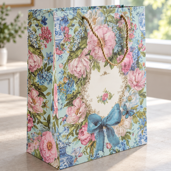 Thilakma medium mint green gift bag with vintage peony wreath and blue ribbon bow