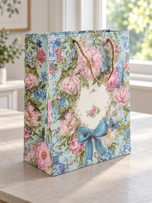 Thilakma medium mint green gift bag with vintage peony wreath and blue ribbon bow