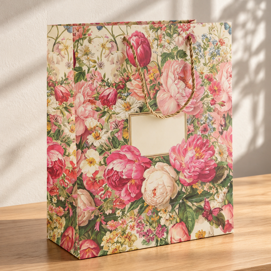 Medium Peony Bloom floral gift bag with pink blossoms and gold cord handles