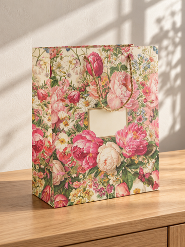 Medium Peony Bloom floral gift bag with pink blossoms and gold cord handles