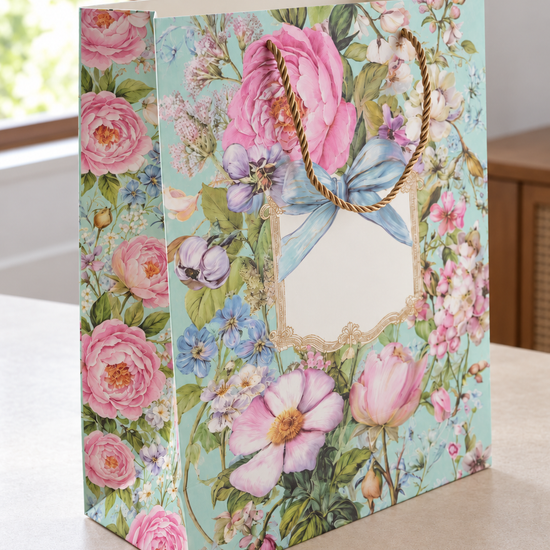 Medium floral bouquet gift bag in mint green with gold foil accents