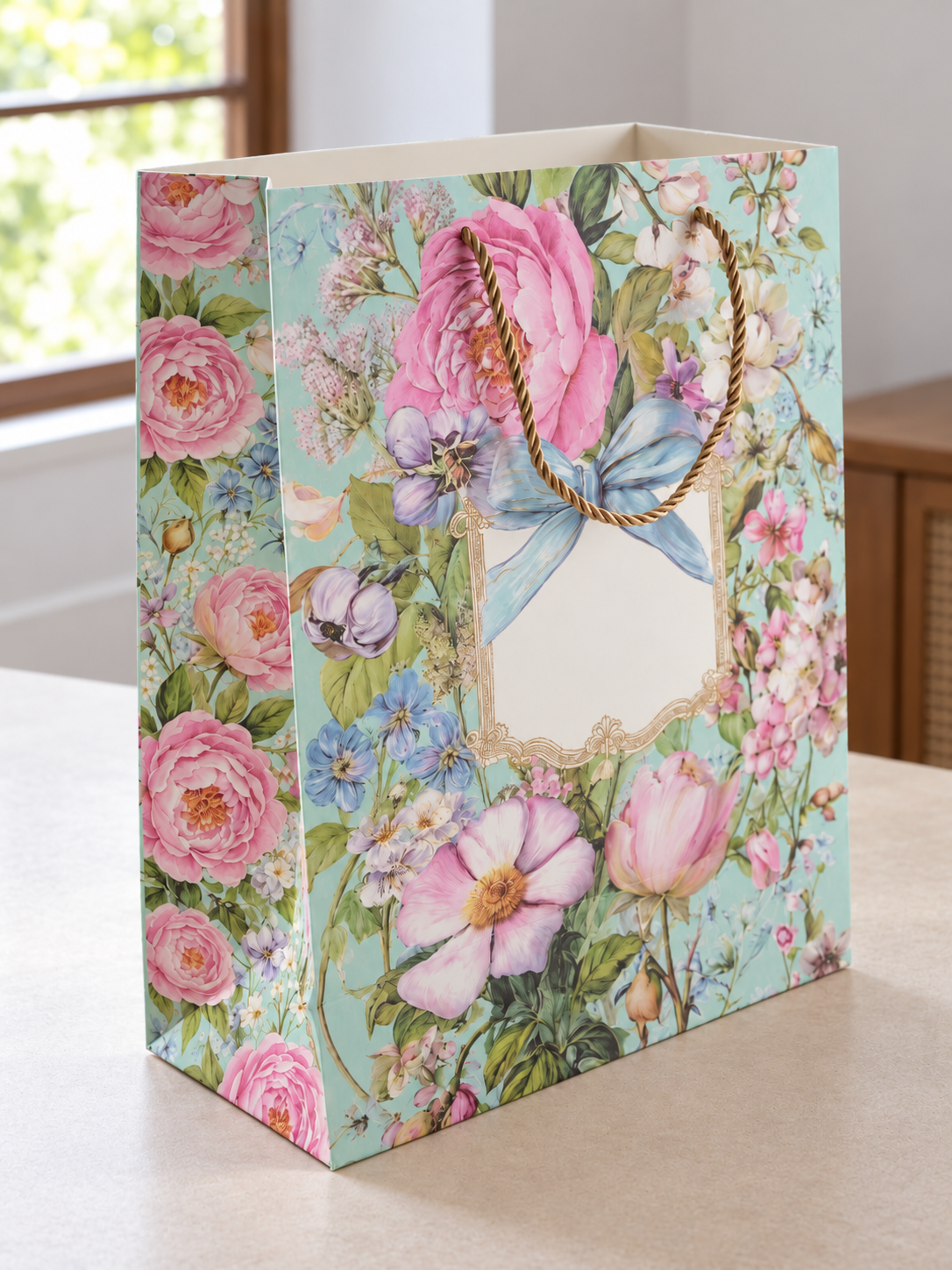 Medium floral bouquet gift bag in mint green with gold foil accents