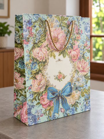 Large mint green floral wreath gift bag with gold foil and bow accent