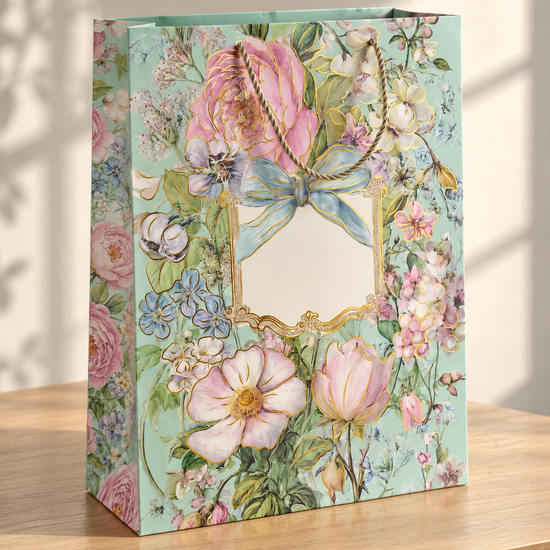 Large mint green floral bouquet gift bag with gold rope handles