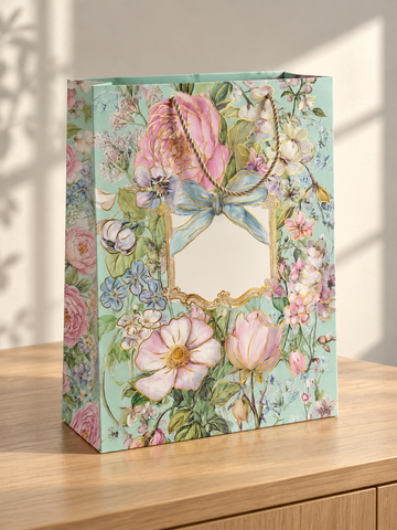 Large mint green floral bouquet gift bag with gold rope handles