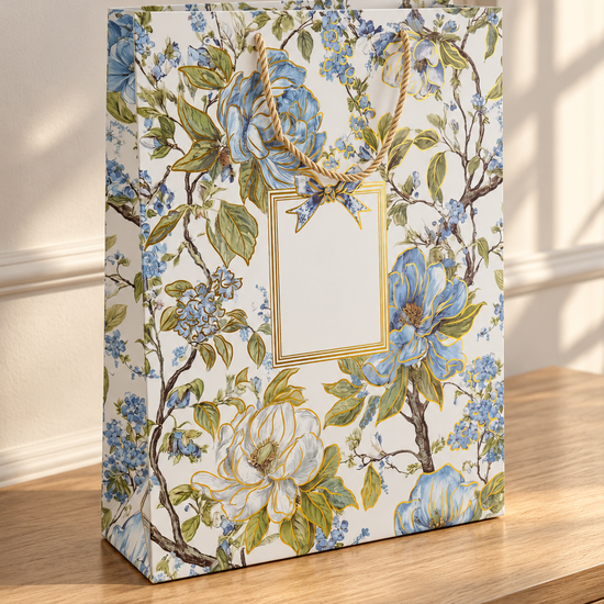 Large blue floral peony gift bag with gold accents and rope handles
