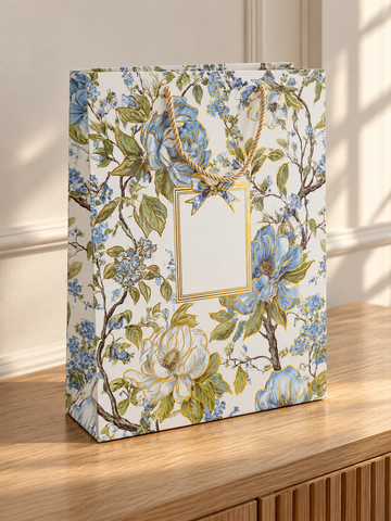 Large blue floral peony gift bag with gold accents and rope handles