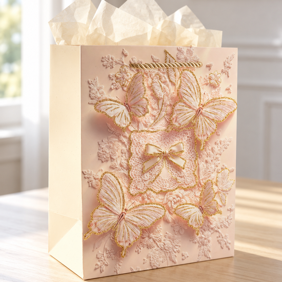 Small blush pink gift bag with lace butterfly wings and bow accent
