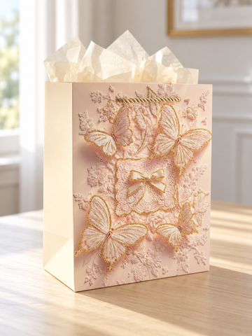 Small blush pink gift bag with lace butterfly wings and bow accent